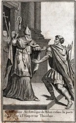 Ekskomunika: łuk św. Ambrożego z Mediolanu (Aurelius Ambrosius, Ambrogio di Milano (340-397) odmawia drzwi kościoła rzymskiemu cesarzowi Teodozjuszowi I (Flavius Theodosius) (347-395), aby ukarać go za masakrę w Salonikach w 390. Grawerowanie w