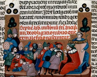 Wykonanie miniaturowego wyroku skazującego z Kodeksu Justyniana (Codex Justinianus), zbioru praw i instytucji przeredagowanych za czasów cesarza rzymskiego Justyniana I Bizancjum (483-565)