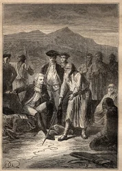 Ekspedycja dookoła świata (1785-1788) Jean Francois Galaup de La Perouse (1741-1788): żeglarze wysiadają na wyspie Saghalian (Sachalinie) spotykają starca, który narysował im mapę Tartarii - ilustracja zaczerpnięta z „Wielkiego Marynarze XVIII wieku