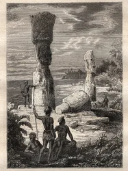 Wyprawa dookoła świata (1785-1788) Jeana Francois Galaup de La Perouse (1741-1788): rdzenni mieszkańcy Wyspy Wielkanocnej patrzący na monumentalne posągi (Moai) - ilustracja zaczerpnięta z „Wielkich Marynarzy XVIII wieku””