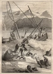 Wyprawa dookoła świata (1785-1788) Jeana Francois Galaup de La Perouse (1741-1788): wrak łodzi w porcie francuskim (Alaska) - ilustracja zaczerpnięta z „Wielkich Marynarzy XVIII wieku”