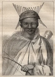 Wyprawa w głąb ziem RPA (1775) Andersa Sparrmana (1748-1820): boschiman (Bochiman lub San, rdzenni mieszkańcy południowej Afryki) - ilustracja zaczerpnięta z „Wielkich żeglarzy XVIII wieku””