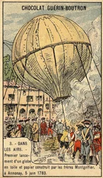 Doświadczenie z 5 czerwca 1783 braci Montgolfier w Annonay.Chromo z końca XIX wieku.