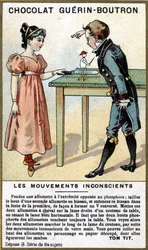 Doświadczenie dwójki dzieci z zapałkami i nożem. Chromolitografia opakowań do czekolady Guérin Boutron.