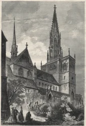 Zewnętrzny widok katedry Notre Dame w Konstancji, Niemcy. Grawer w „Prześwietnym Wszechświecie”