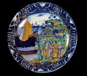 Fajansowe naczynie przedstawiające przybycie Enee do Delos otrzymane przez króla Ariusza. 1497 Sevres, Narodowe Muzeum Renesansu