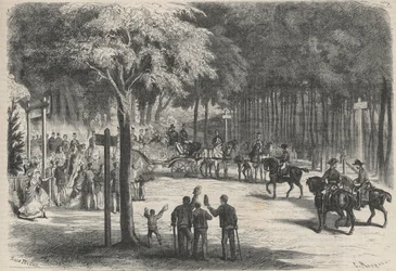 Pobyt rodzinny w Fontainebleau: wycieczka ich majestatów do ruin Francchart. Wesele wita przejście cesarza Napoleona III (1808-1873) i jego rodziny. Grawer w „Prześwietnym Wszechświecie”