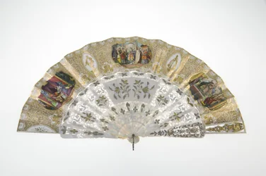 Wachlarz, ok. 1860, Drukowany i malowany papier, masa perłowa, metale złoto, srebro i miedź oraz lustro, Twórca nieznany