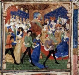 Uczta na dworze króla Artura Queen Genievre jest otoczona przez 12 królów. Miniatura z rękopisu „Powieść Quete of the Graal”” 1450-1460 Dijon. Biblioteka Miejska