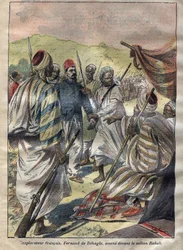 Ferdinand de Behagle (1857-1899) (francuski odkrywca) wziął Rabah do niewoli, a następnie sułtan kazał go uśmiercić przez powieszenie 1899 - rycina w „Le-Plerin” z 1899