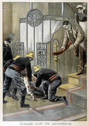Strażacy ratujący mężczyznę rozbijają się pod windą w paryskim budynku. Ilustracja „Małego Dziennika” z 1899 roku.
