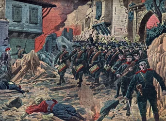 Pierwsza wojna bałkańska "Bułgarska armia triumfuje po bitwie pod Kirk Kilisse (Lozengrad) 24.10.1912 r., Turcja" (Bitwa pod Kirk Kilisse (lub Kirkkilise) była częścią pierwszej wojny bałkańskiej między armiami Bułgarii i Imperium Osmańskiego.