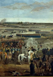 Pierwsze Cesarstwo: cesarz Napoleon I (1769-1821) na białym koniu podczas bitwy pod Lipskiem (Bitwy Narodów), 16-19 października