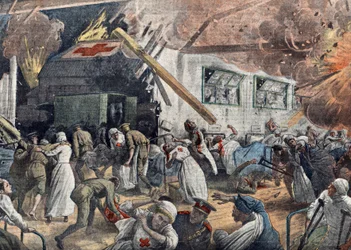 Pierwsza wojna światowa: bombardowanie angielskiego szpitala przez niemieckie eskadry, czerwiec 1918 r. Ilustracja z "Le pelerin" 18.06.1918 r. Kolekcja prywatna