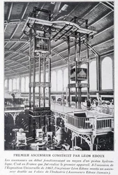 Pierwsza winda zbudowana przez Léona Edoux na wystawie uniwersalnej w 1867 r.