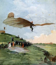 Pierwsza próba szybowcowa niemieckiego inżyniera Otto Lilienthala (1848-1896) na jego samolocie w 1894 r.