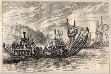 Pierwsza podróż (1768-1771) kapitana Jamesa Cooka (1728-1779): flota Tahiti zebrana w Oparee - ilustracja zaczerpnięta z „Wielkich marynarzy XVIII wieku””