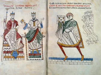 Flawiusz Józef (pierwotnie Yossef ben Matityahu, greckojęzyczny historyk żydowski (37-100) oferujący swoją książkę cesarzom Tytusowi i Wespazjanowi. Miniatura zaczerpnięta z „”De Bello Judaico (Wojna Żydów)”” (folio 2 i 3)