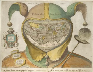 Mapa świata w czapce głupców, ok. 1590 r. (ręcznie kolorowany ryt na papierze w kolorze złamanej bieli, z napisami wykonanymi atramentem galusowym)
