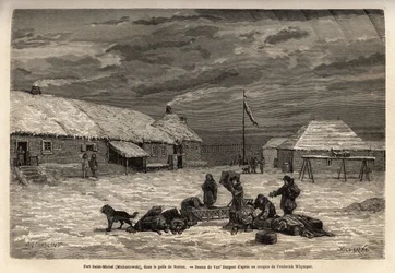Fort Saint-Michel (Saint Michel), wówczas angielska posiadłość, w Zatoce Norton. Grawerowanie ilustrujące podróż i przygody w angielskiej Kolumbii, wyspie Vancouver i Alasce, autorstwa Fredericka Whympera