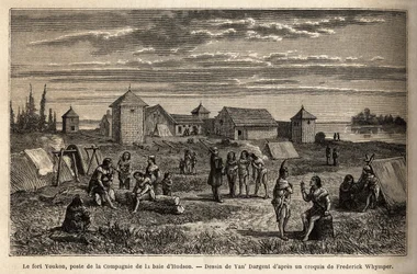 Fort Youkon, w Zatoce Norton na Alasce, założony w 1847 roku, założony przez Hudson Bay Company, Indianie obozowali wokół palisad. Grawerowanie ilustrujące podróż i przygody w angielskiej Kolumbii, wyspie Vancouver i Alasce, autorstwa Frederick
