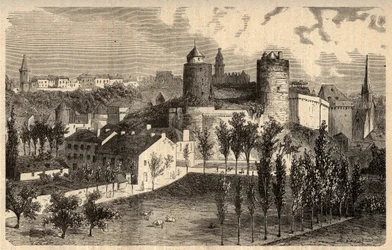 Fougeres widok ogólny - Bretania - grawerowanie w „” PATRIE” - WYMAGANE ZDJĘCIE OPIS FRANCJI W 6 TOMACH LUCIENA HUARDA - koniec XIX wieku
