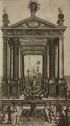 Fontanna z cherubinem i świątynią, rycina, frontispis z Grand Art d