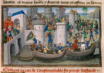 Czwarta krucjata: Widok zdobycia Konstantynopola przez krzyżowców w latach 1203-1204. Miniatura z „Chronique abrégée” Davida Auberta