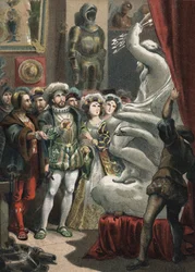 Francois I (1494-1547), król Francji, u włoskiego rzeźbiarza Benvenuto Celliniego (1500-1571) grawer z 1881 r. w „Kult piękna” autorstwa Juan Justo Huguet, redaktorzy Molinas Hermanos