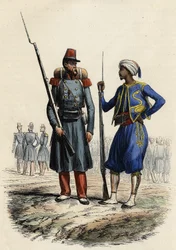 Francuski mundur wojskowy: Po lewej legia cudzoziemska utworzona i wysłana do Algierii w 1831 roku. Po prawej rdzenni jeźdźcy, wyszkoleni i wysłani do Algierii w 1841 roku. W L