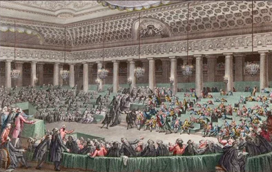Rewolucja francuska - Zgromadzenie Narodowe zrzeka się wszystkich przywilejów, 4 sierpnia 1789, rytował Helman - w Wersalu, posiedzenie w nocy z 4 na 5 sierpnia 1789
