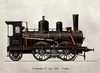 Pociąg francuski: Lokomotywa Numero 154 z 1855 r. Grawerowanie. Paryż, Sztuka Dekoracyjna