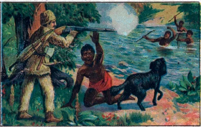 Piątkowe wyzwolenie. Ilustracja do Księgi Daniela Defoe (De foe) „Robinson Crusoe”. Chromolitografia z końca XIX wieku.