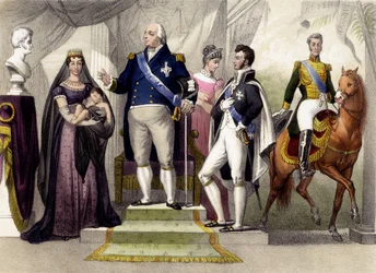 Od 1814 do 1830. Książę i księżna Berry, Ludwik XVIII, książę Bordeaux, księżna Angoulème i Karol X. Rycina XIX wieku.