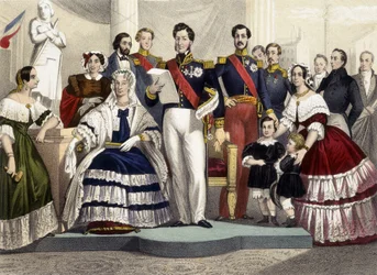 Od 1830 do 1848. Księżniczka Marie, Marie Amélie, Ludwik Filip I, hrabia Paryża, książę Chartres i księżniczka Hélène. Rycina XIX wieku.