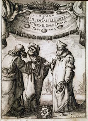 Frontyspicjum „”Dialogu o dwóch wielkich systemach świata”” (dialogo sopra i due massimi sistemi del mondo) na zlecenie papieża Urbana VIII astronomowi i fizykowi Galileo Galilei dit Galilee (1564-1642) około 1620 r. i opublikowane w 1632 r. . To