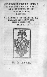 Frontyspekcja „” Historie Fiorentine autorstwa Niccolo (by Bernardo dei) Machiavelli (Nicolas Machiavel)