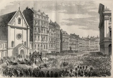 Pogrzeb cesarza Meksyku Maksymiliana I (1832-1867): przyjazd konduktu pogrzebowego przed wiedeńskim kościołem kapucynów. Grawer w „”L