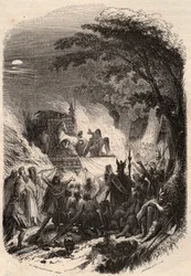 Pogrzeb wodza Germaina w starożytności: jego ciało zostaje spalone wraz z bronią i koniem. Rycina z 1868 r. w „Histoire de Belgique od czasów pierwotnych do końca panowania Leopolda I”” autorstwa Theodore’a Juste (1818-1888). Prywatna kolekcja.
