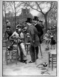 Wspaniała rozmowa między dwoma mężczyznami i młodą kobietą, wszyscy bardzo eleganccy, latem w Ogrodzie Tuileries w Paryżu. Grawerowanie w „”Le Monde Illustré””