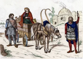 Mieszkania galijskie, kobieta, chłop, rydwan, bogaty rolnik, uprząż - w „cywilnych i wojskowych strojach Francuzów przez wieki w Paryżu F. Roy 1882””.