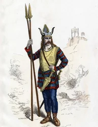 Galijski wódz przed podbojem rzymskim - w „Cywilnych i wojskowych strojach Francuzów na przestrzeni wieków, Paryż, F. Roy, 1882”