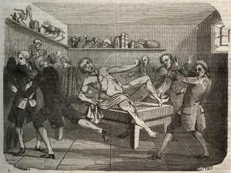 Galwanizacja zwłok kata za pomocą stosu Alessandro (Alexandre) Volty: pod wpływem elektryczności zwłoki wydają się wracać do życia. Grawer z 1856 r. w „Le Musee Des Sciences””