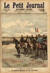 Generał Felix Gustave (Felix-Gustave) Saussier (1828-1905) i jego sztab dokonali przeglądu oddziałów w Vincennes. Grawerowanie w „Le petit journal illustious”” 09.05.1891. Kolekcja Selvy.