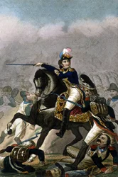 Generał Jean Lannes, książę Montebello (1769-1809) w bitwie pod Essling (21 - 22 maja 1809) Grawerowanie XIX wieku. . Mediolan