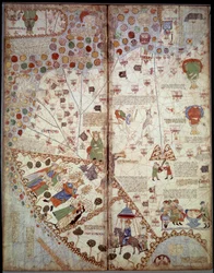 Mapa geograficzna: Chiny, Dolina Gangesu, Sumatra, Cejlan. Atlas kataloński (mapa katalońska) (Hiszpania). Rękopis z 1375 r. (Folio 2v - folio 3) autorstwa Abrahama Cresquesa. BN, Paryż