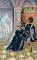 Gertruda, Hamlet i duch ojca Hamleta. W „Hamlecie” Williama Shakespeare