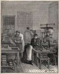 Złocenie książek (okładek) w żelazie w warsztacie we Francji w XIX wieku. Grawer z 1885 roku w „Les arts et metiers illustres” Adolphe BITARD.