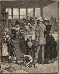Sztuka na szkle: turyści kupujący perłę dmuchaną w fabryce szkła w Wenecji we Włoszech. Grawer z 1885 roku w „Les arts et metiers illustres” Adolphe BITARD.