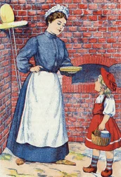 Idź zanieś to ciasto i ten garnek masła do swojej babci. Anonimowa ilustracja do „Czerwonego Kapturka”, opowiadania Charlesa Perraulta (1628-1703), francuskiego pisarza. Zdjęcia Marcel Vagne, Jarville Nancy, bez daty (koniec XIX wieku).